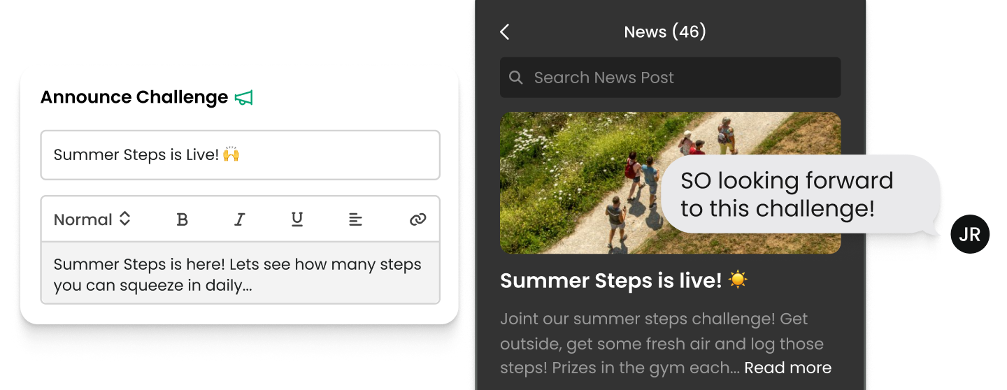 Announcing a challenge in TeamUp Perform, and the news post members see in the app