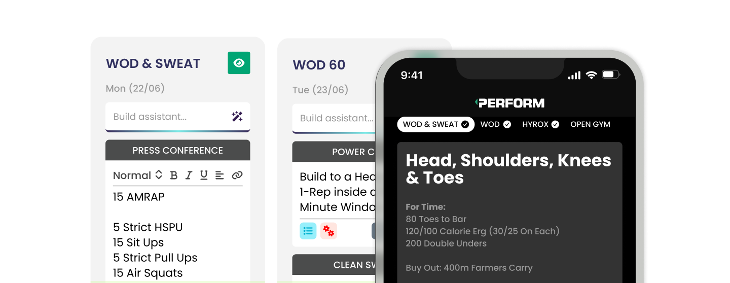 TeamUp Perform's workout builder beside the member app showing the day's WOD
