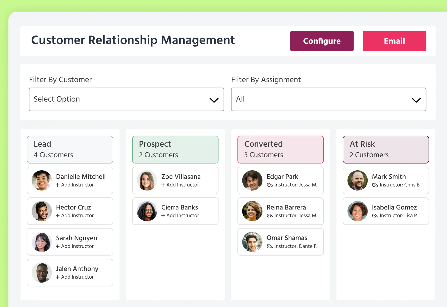 The TeamUp CRM in action showing different member stages such as Lead, Prospect, Converted, At Risk