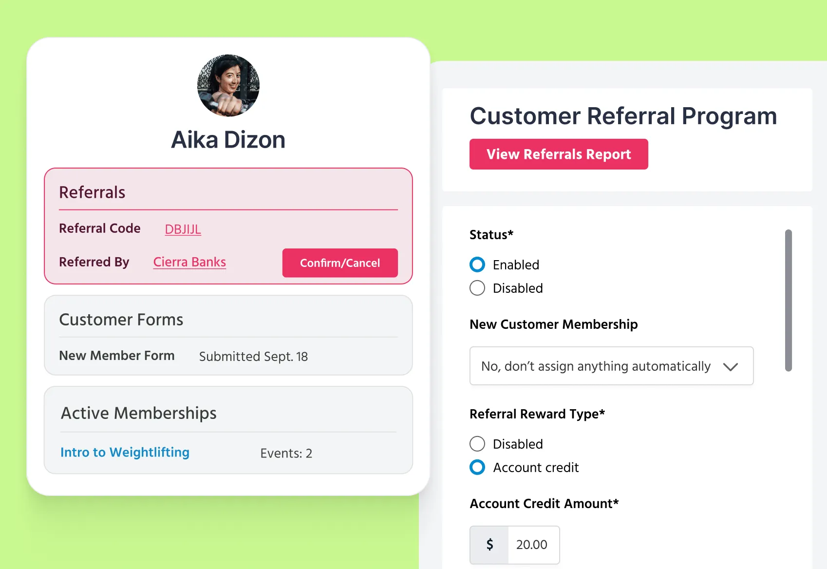 Detailed view showing a customer profile and who referred that customer, along with settings for a customer referral program