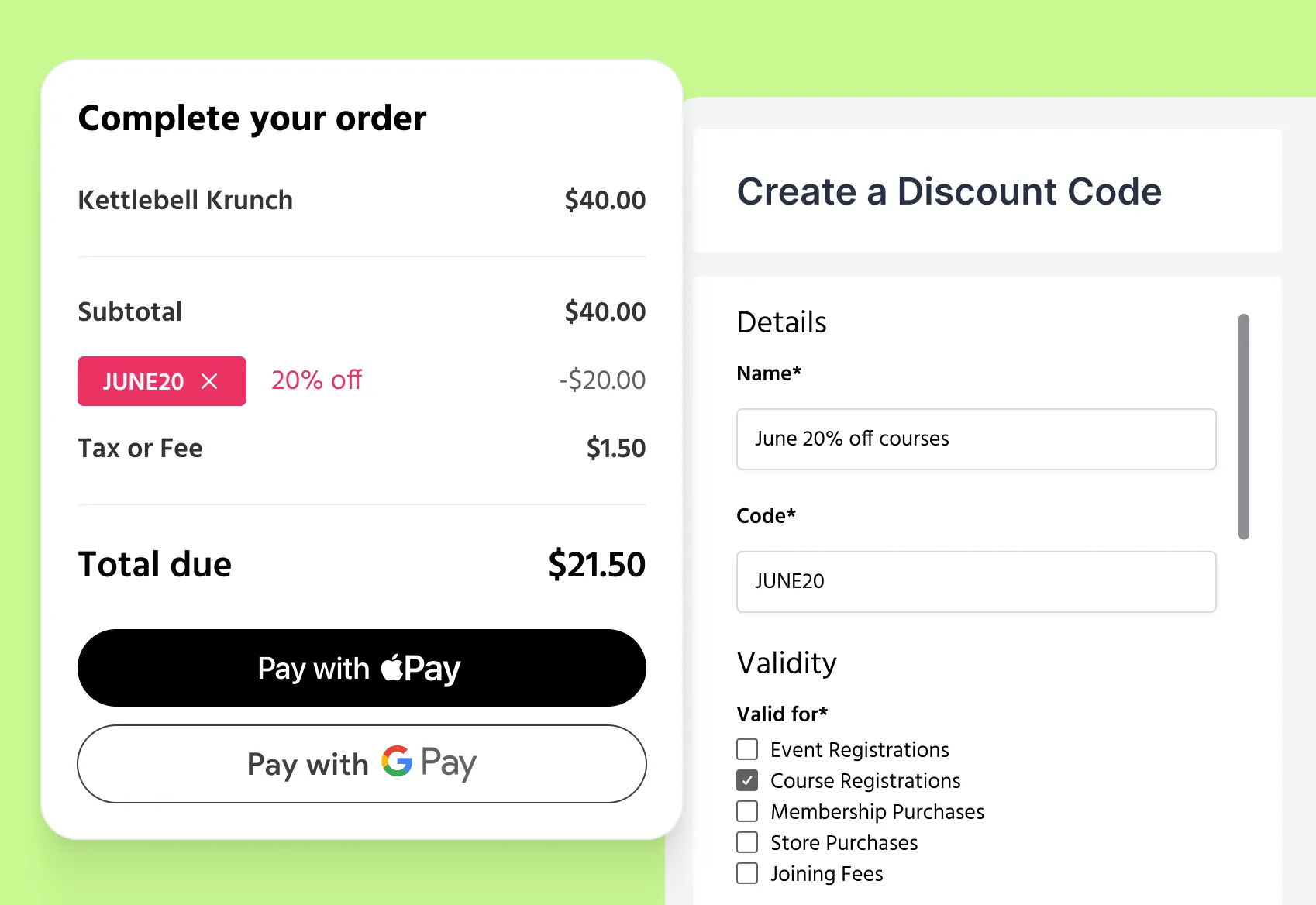 An order screen showing a discount code in use and the back end settings for a specific discount code