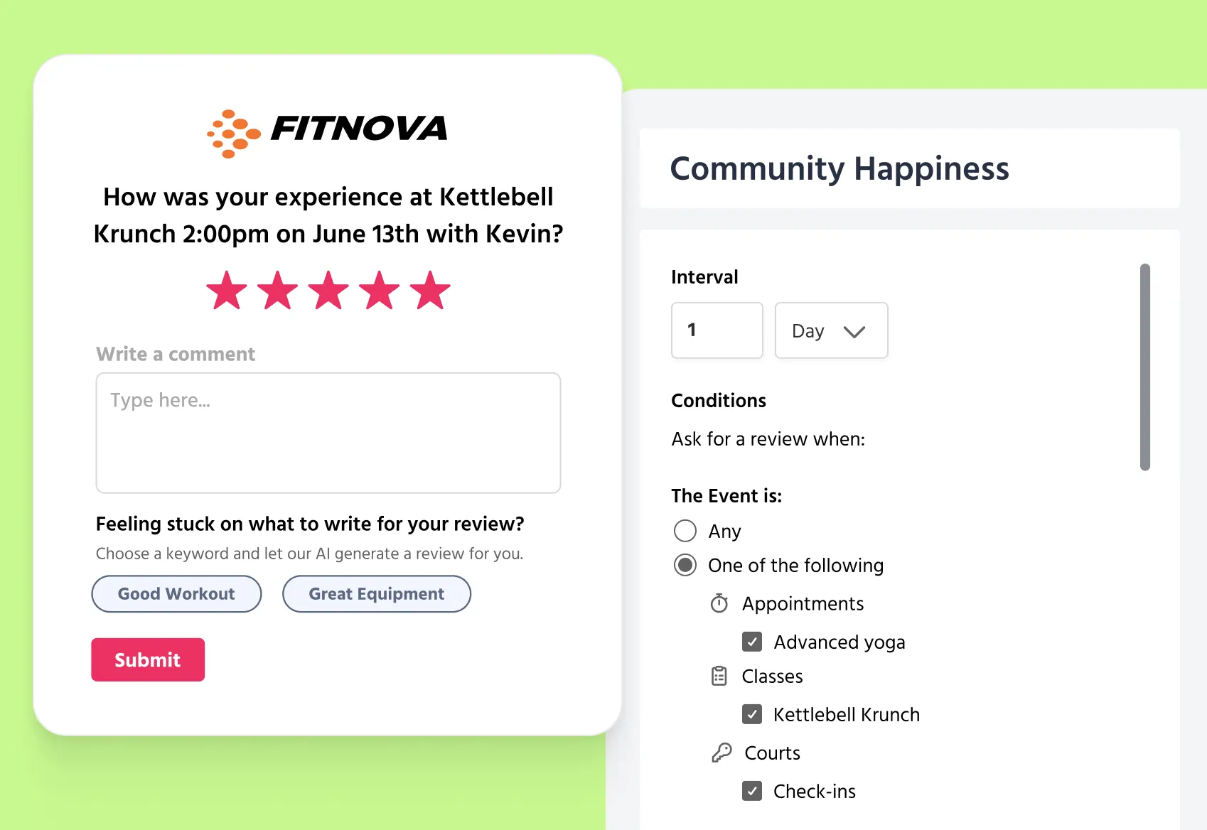 The Reputation Management menu in TeamUp showing a review collection modal and back end settings for Community Happiness such as intervals and conditions for requesting feedback