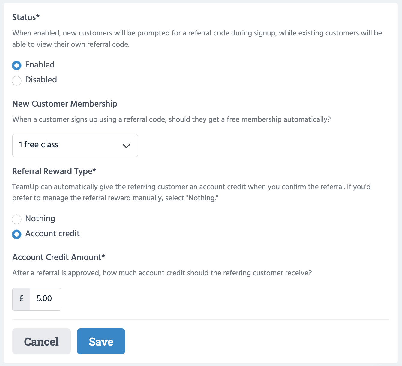 customer referral program settings