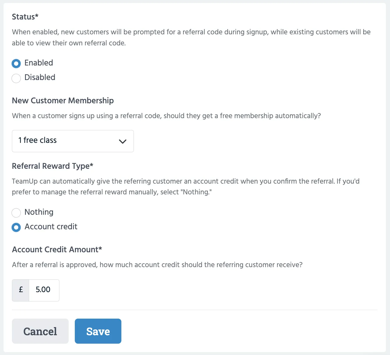 customer referral program settings