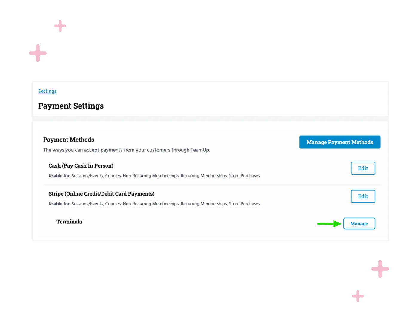 The TeamUp account interface to set up a Stripe Terminal.
