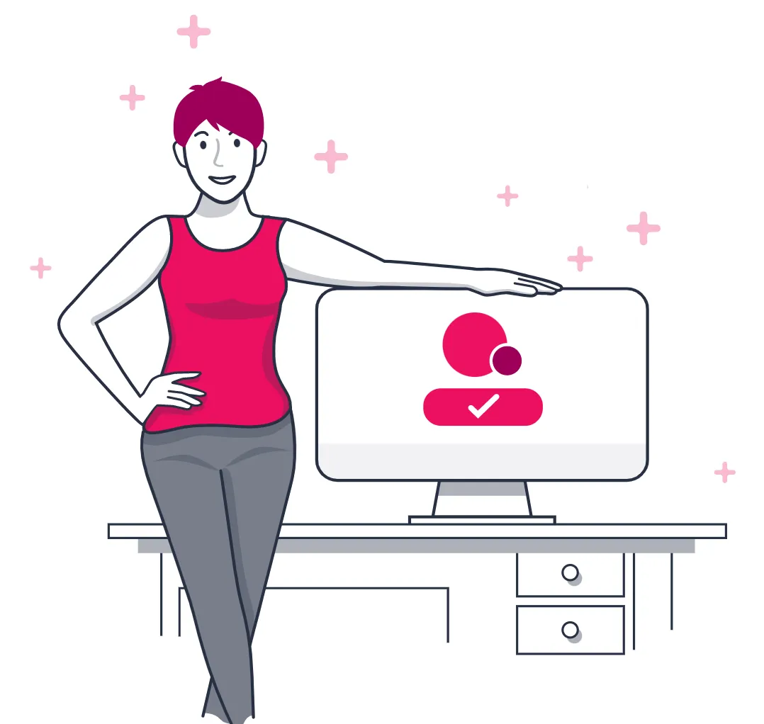 An illustration of a woman in workout gear with a computer.