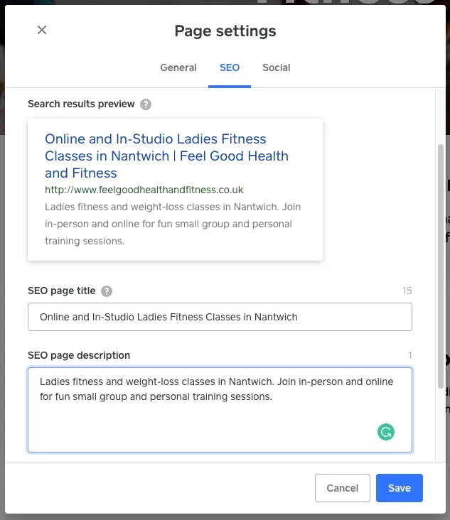 Clare's homepage, meta title and meta description after optimization