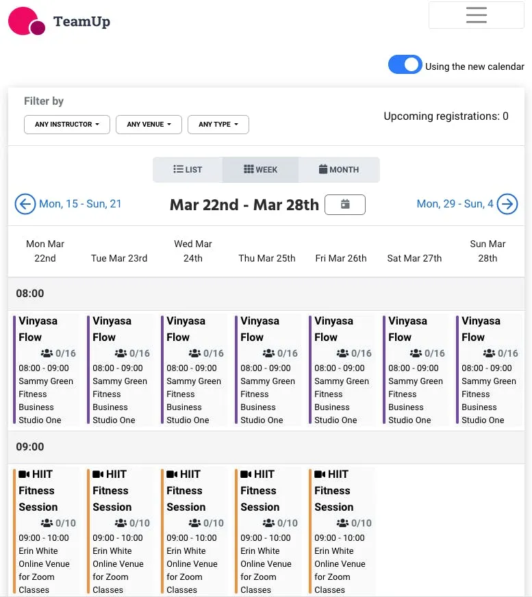 teamup customer calendar week view