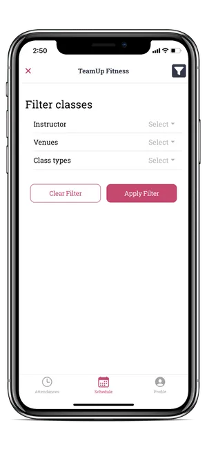 image of the member app filter classes page