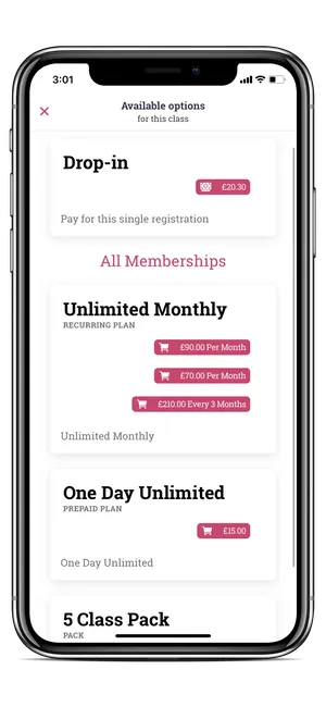 image of the member app membership option page