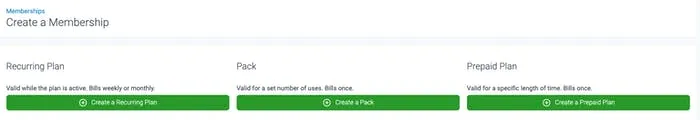 The different Membership plans available in TeamUp