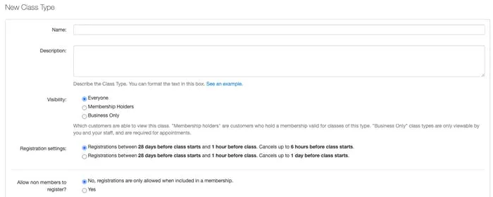 Configuring class types in TeamUp
