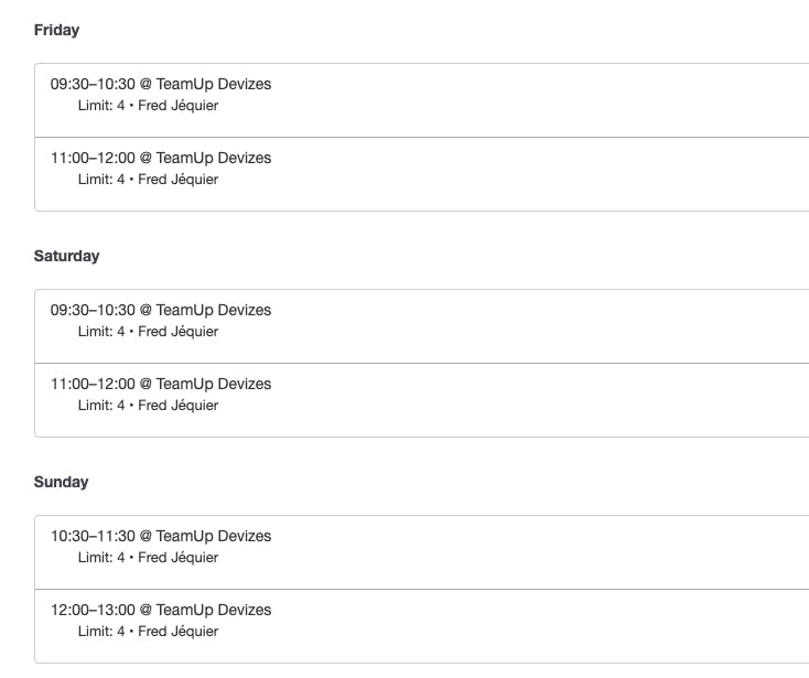 The class schedule in the TeamUp dashboard 