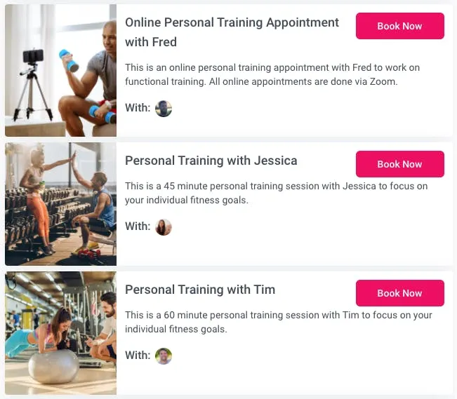A photo of example appointments clients can book on TeamUp