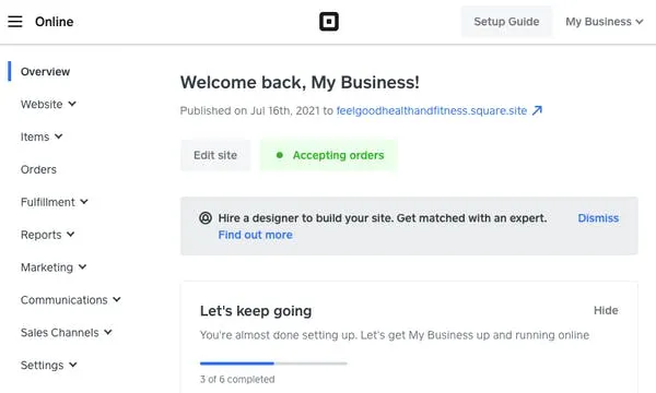 The set-up guide section in the Square dashboard