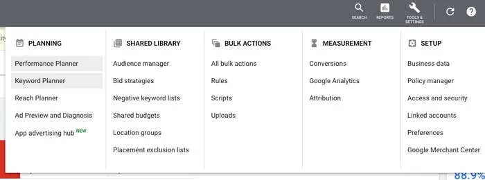 Finding Keyword Planner on Google Ads