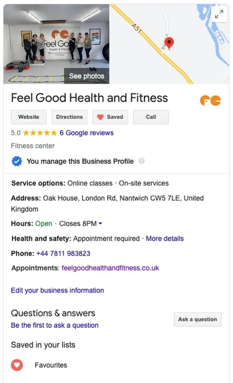 Clare's completed Google My Business listing
