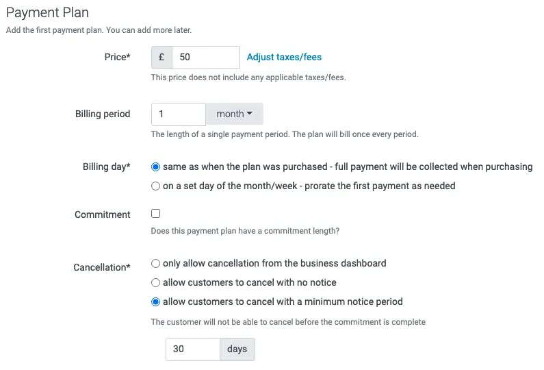A payment plan in TeamUp