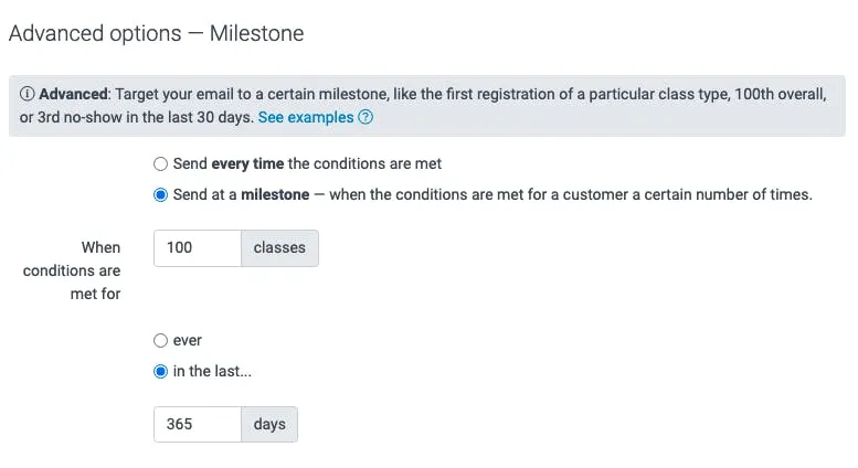 image of the advanced options to create a milestone email