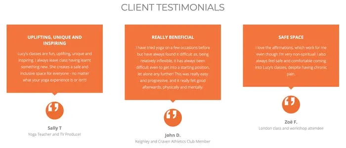 lucyoga client testimonials on her website