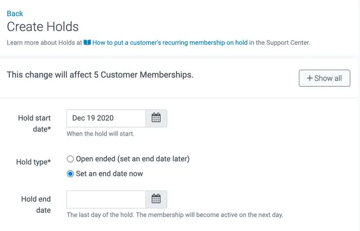 image of the create holds page and fields