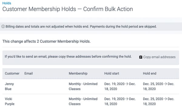image of customer memebrship holds - confirm bulk action page