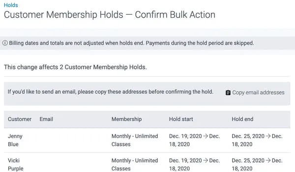 image of customer memebrship holds - confirm bulk action page