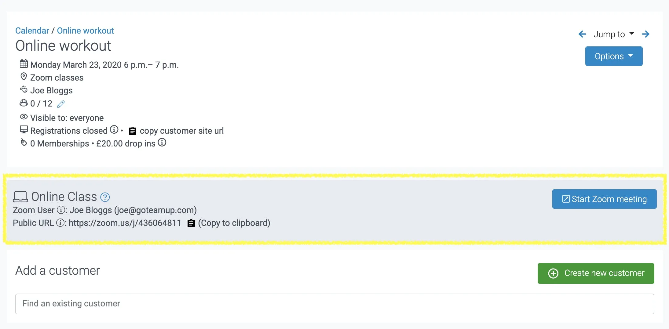 Screenshot shows online class configuration