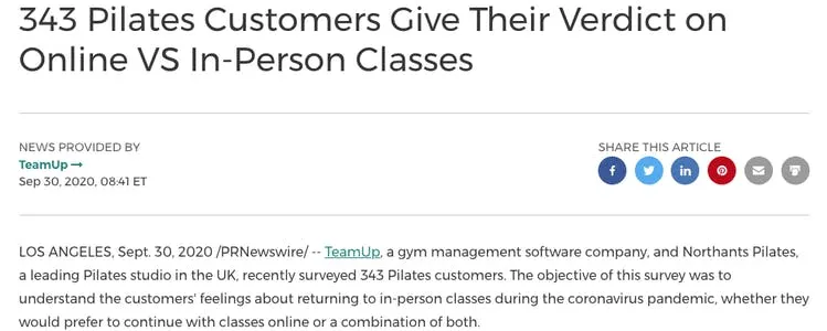 image of TeamUp press release about pilates survey