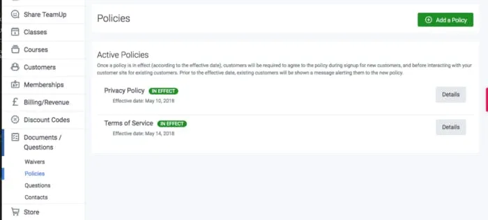 image of policies in teamup dashboard