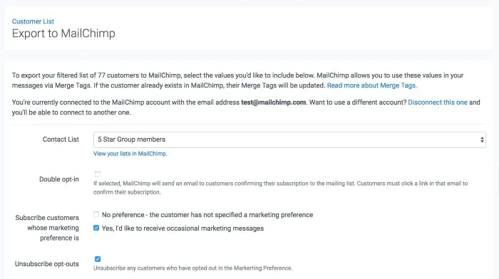 image of customer list export to MailChimp