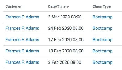 Image shows a list of classes a customer has attended.