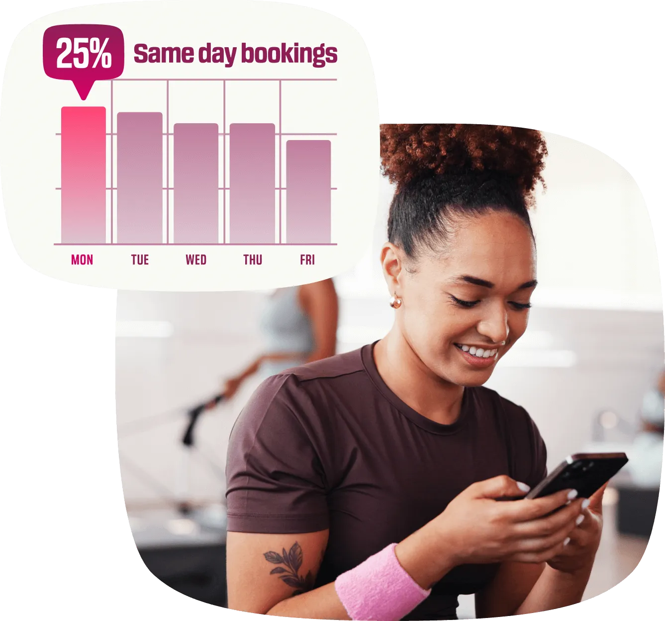 A woman looking at her phone, she is watching some data screens