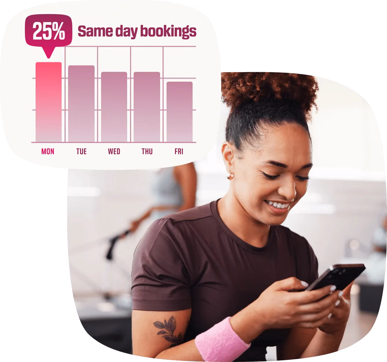 Woman using her phone with a TeamUp UI element shown alongside.