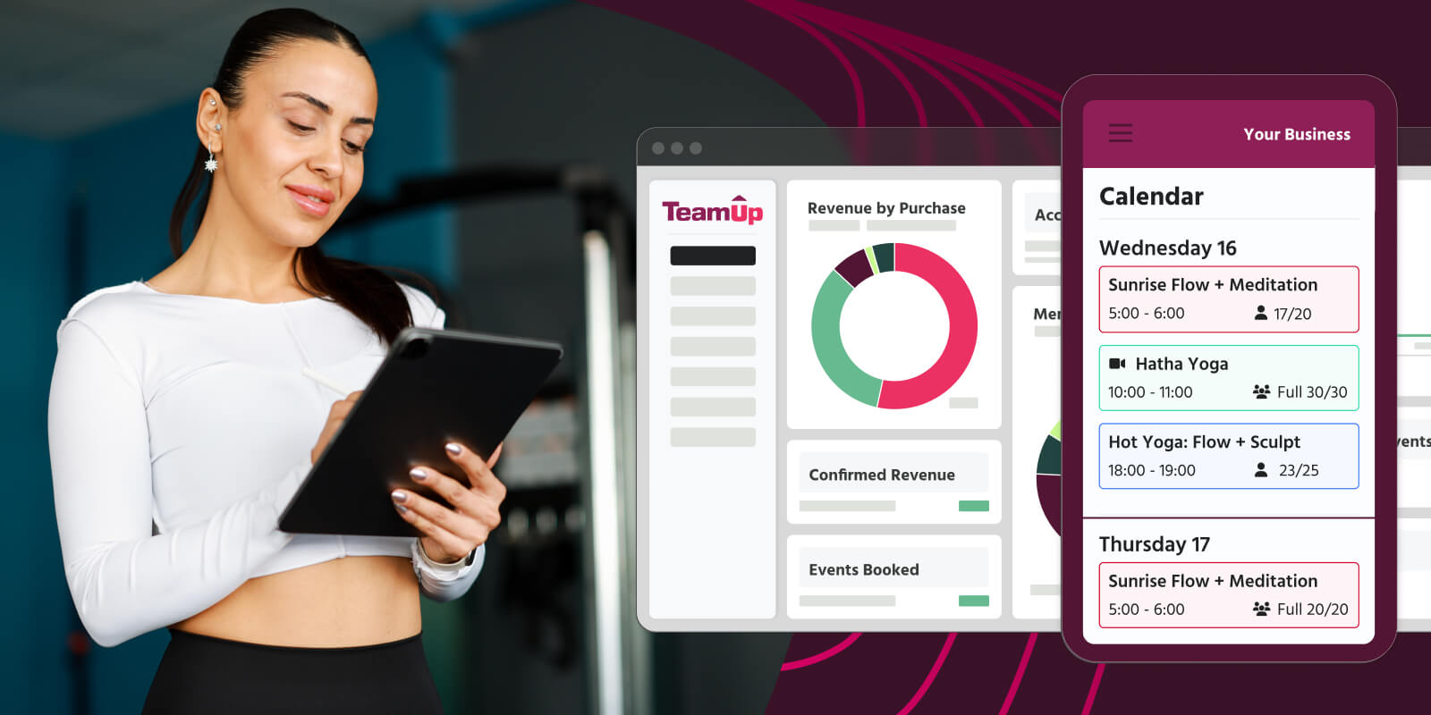 Boutique gym manager working on tablet and viewing TeamUp dashboard and calendar