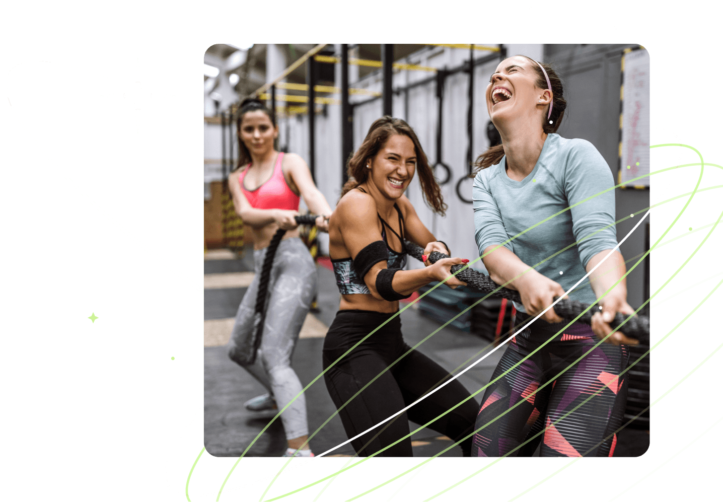 an image of women in workout gear pulling a fitness rope surrounded by stars