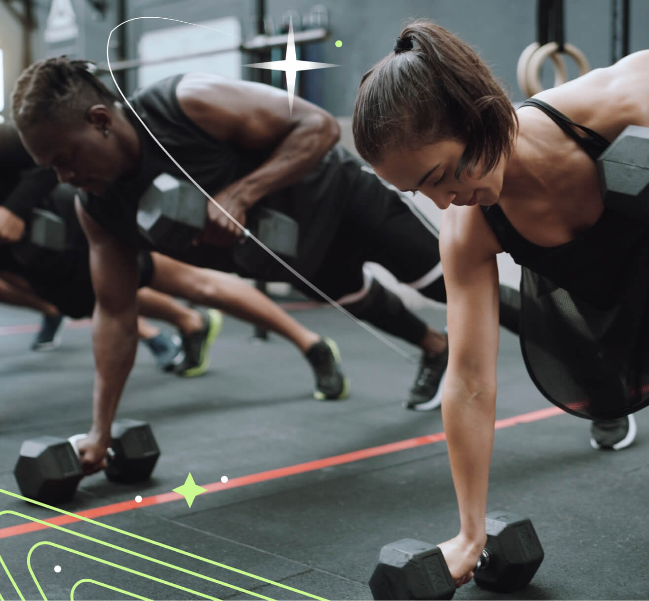 an image of women in workout gear pulling a fitness rope surrounded by stars