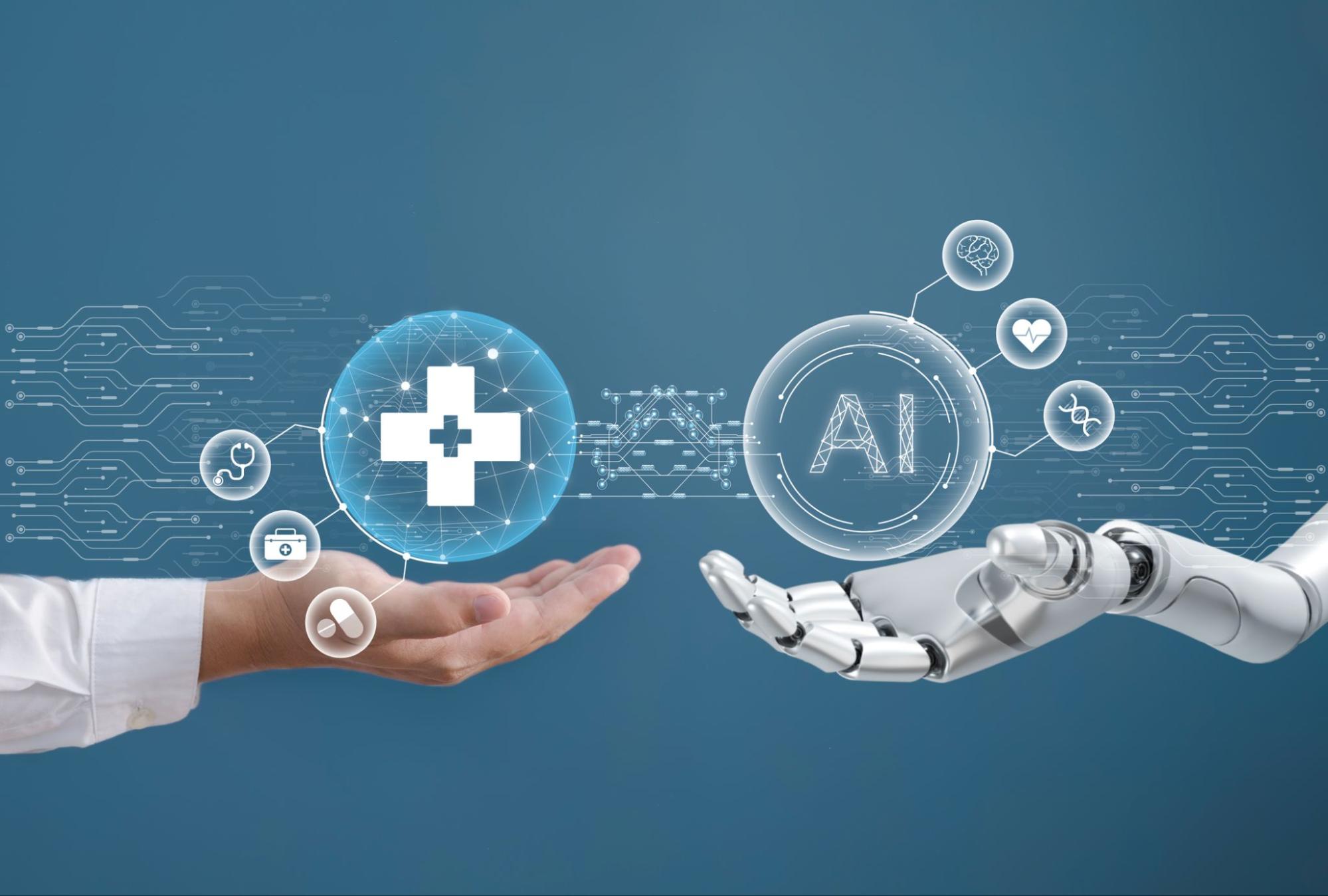 AI in cardiac care: a clinician's hand and a robotic hand reaching toward each other, with a medical cross, an AI symbol, and floating icons for the brain, heartbeat, DNA, stethoscope, medications, and a first aid kit.