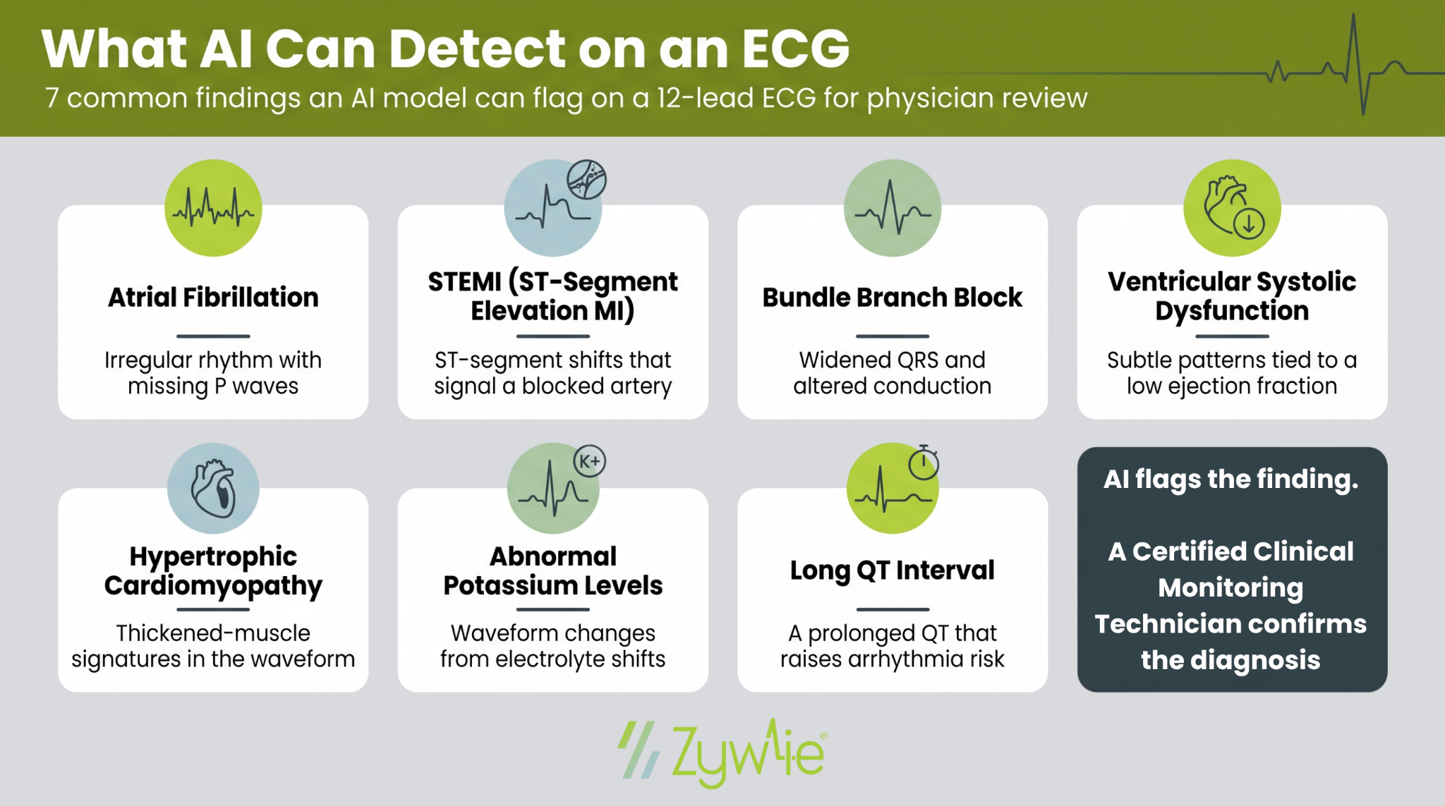 Grid of seven cardiac findings an AI model can flag on a 12-lead ECG, including atrial fibrillation, STEMI, bundle branch block, and long QT interval, with a note that a certified technician confirms the diagnosis.