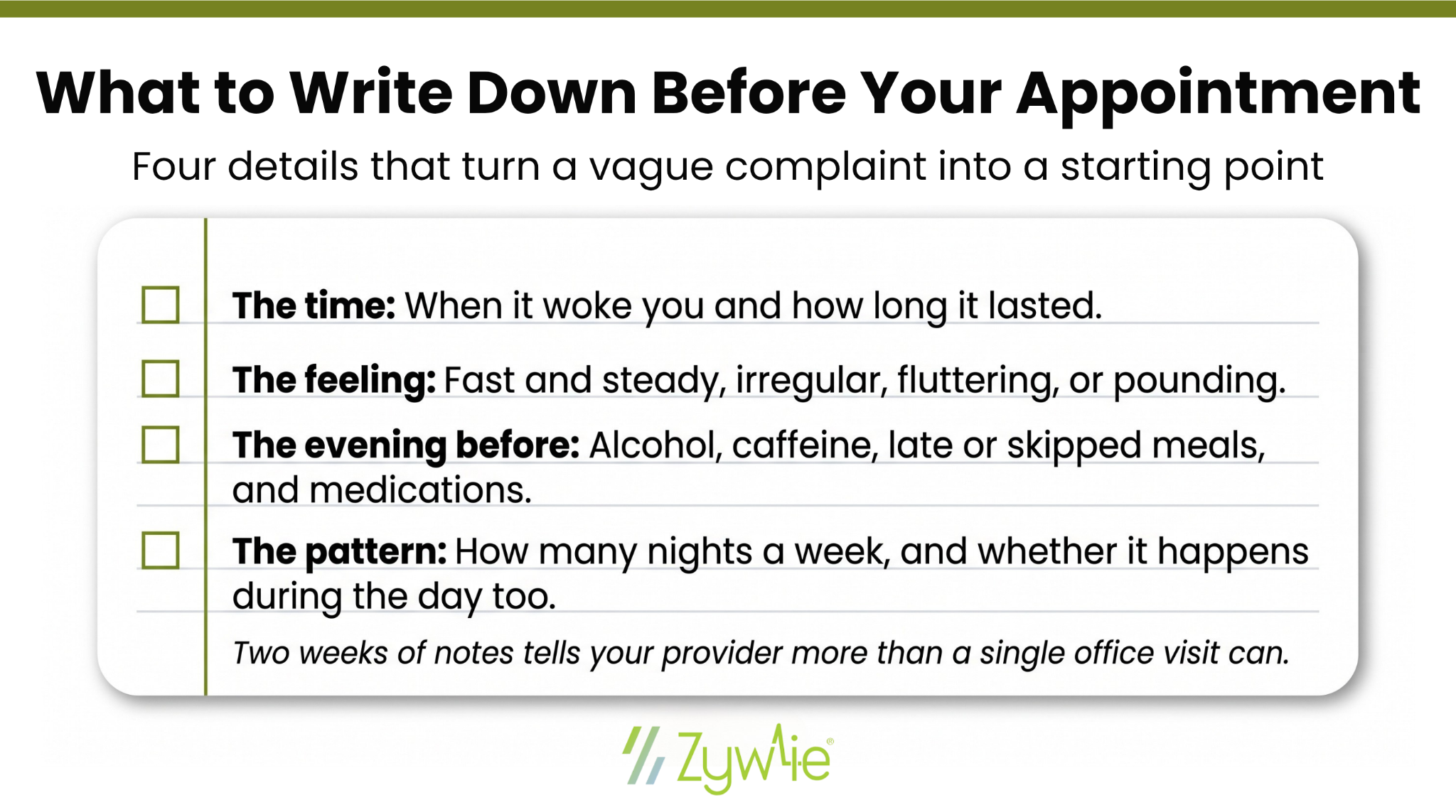 Checklist of four details to note before a cardiac appointment: the time an episode woke you and how long it lasted, the feeling of the beat, the evening before including alcohol, caffeine, meals, and medications, and the pattern across the week. Two weeks of notes tells a provider more than a single office visit.