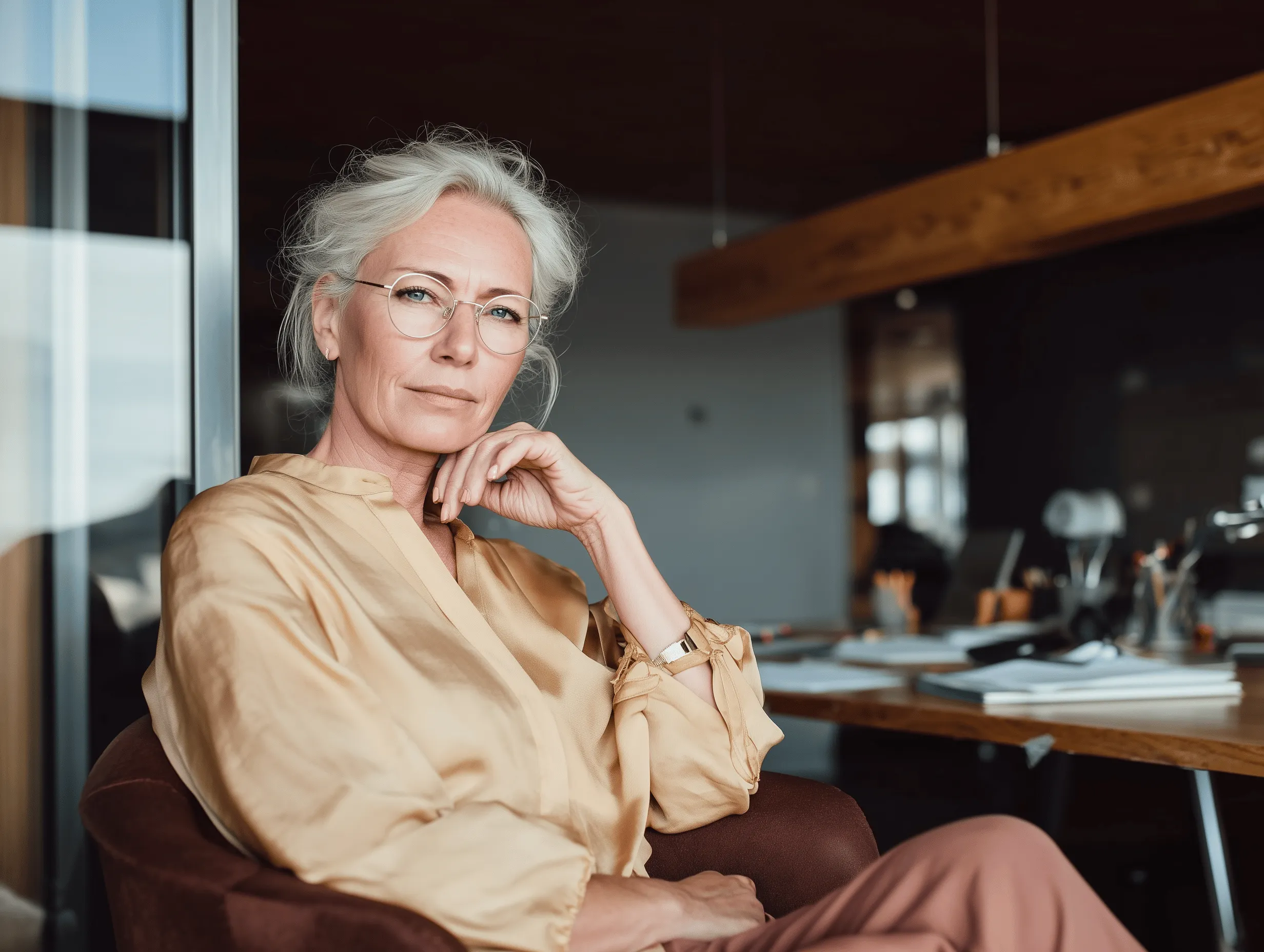 Femme mûre portant des lunettes et un chemisier beige, assise dans un bureau moderne.