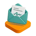 Icône d'une enveloppe verte ouverte avec une lettre blanche à l'intérieur sur un socle orange.