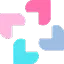 Icône abstraite avec des formes en L de couleurs bleu, rose et violet clair.