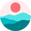 Illustration d'un soleil rouge au-dessus de vagues bleues et de collines vertes.