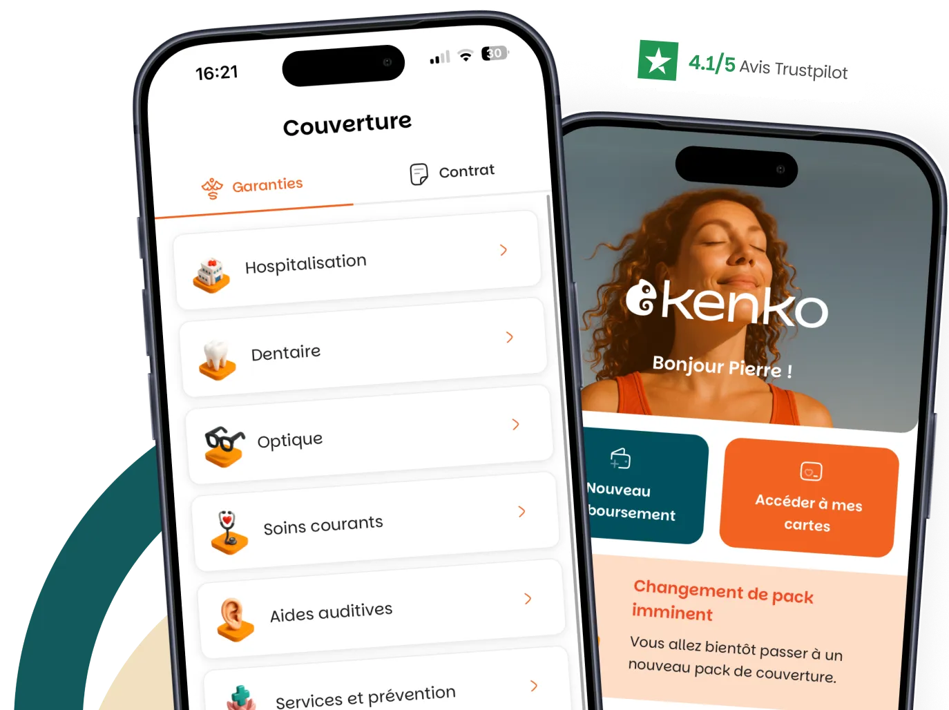 Deux smartphones montrent l'app Kenko avec options de couverture santé et accès aux cartes.