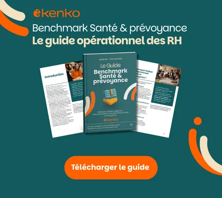 Page avec un guide sur le benchmark santé et prévoyance RH et un bouton orange pour le télécharger.