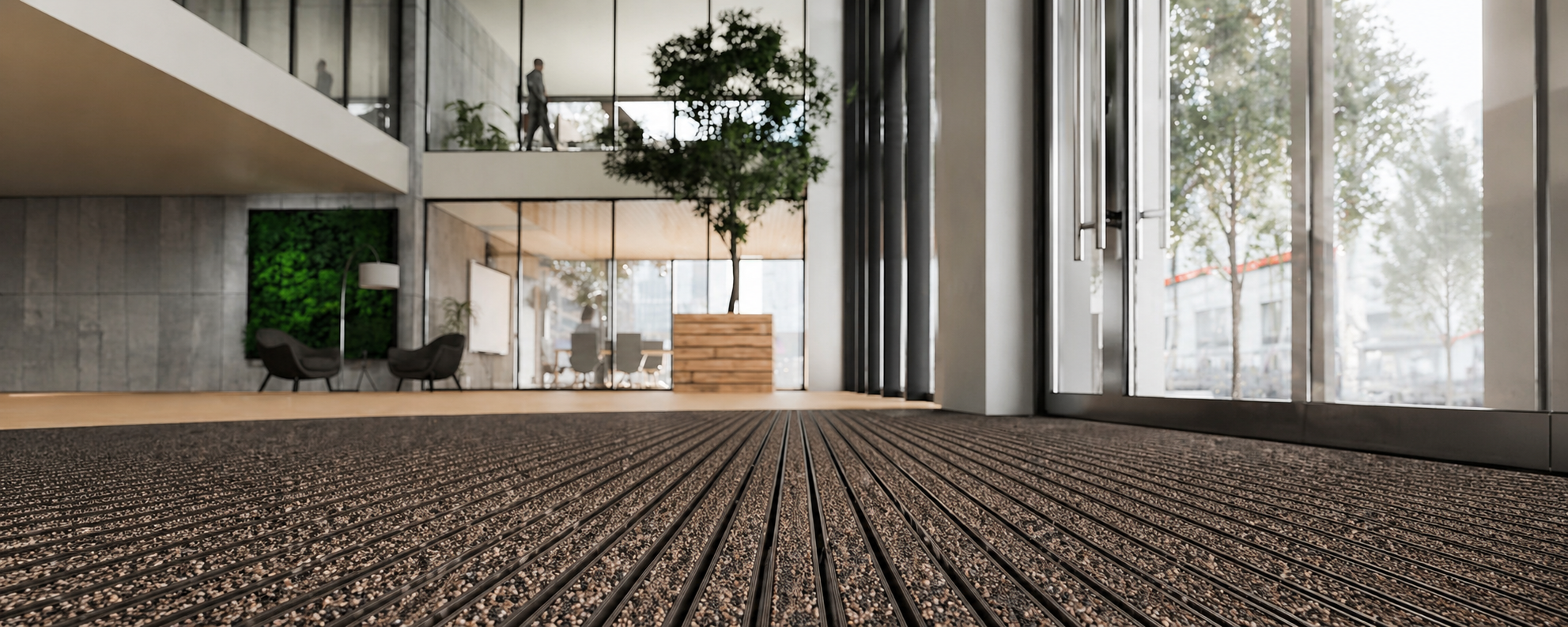 EMCO aluminum entrance mat with bronze textile insert in the lobby of a glass office building