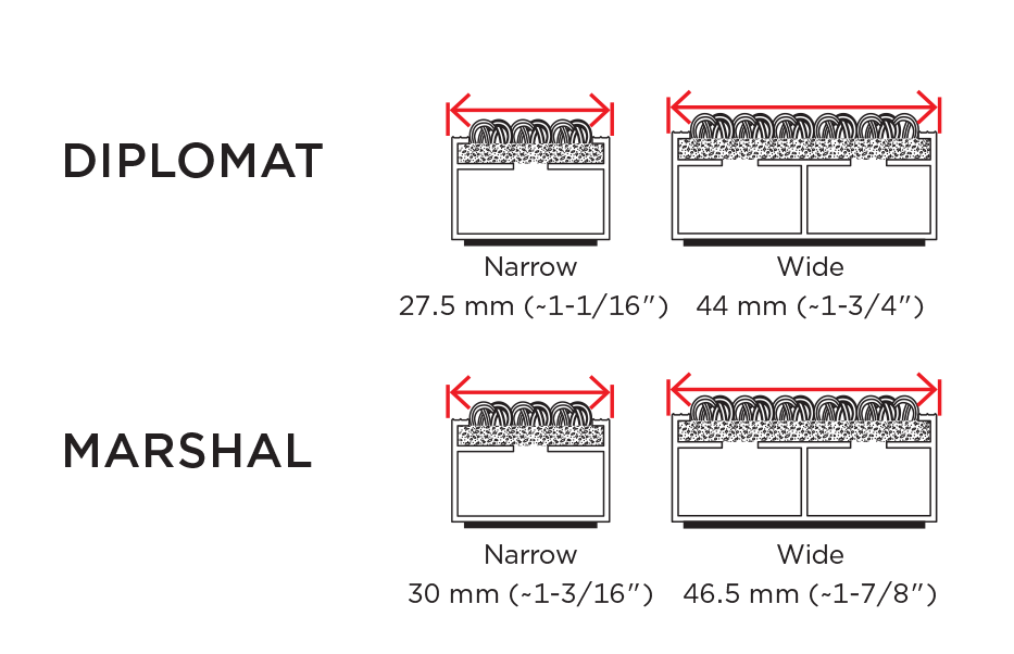 DIPLOMAT Narrow 27.5 mm and Wide 44 mm, MARSHAL Narrow 30 mm and Wide 46.5 mm