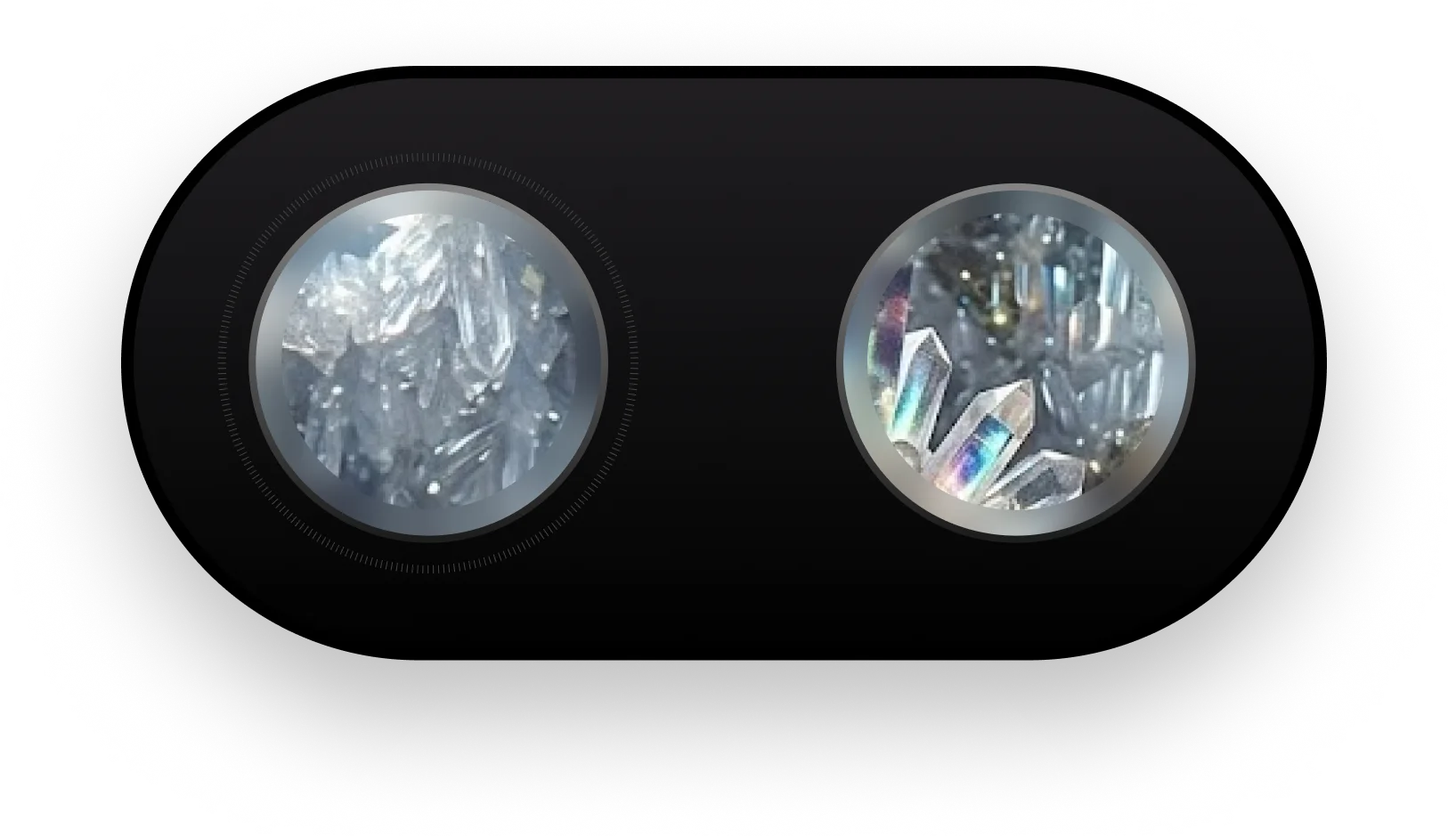 Two circular viewports showing close-ups of sparkling crystal formations on a dark background.
