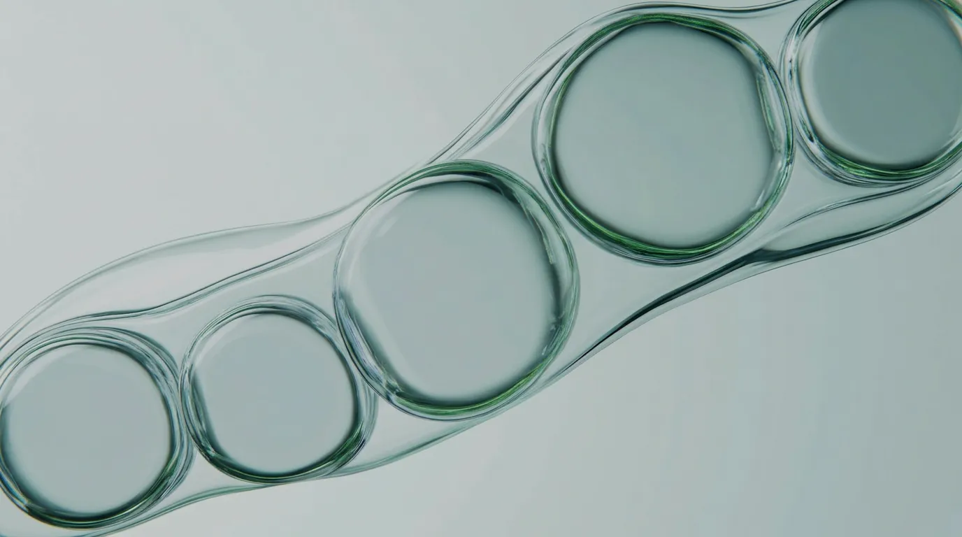Close-up of five connected transparent bubbles against a light background.